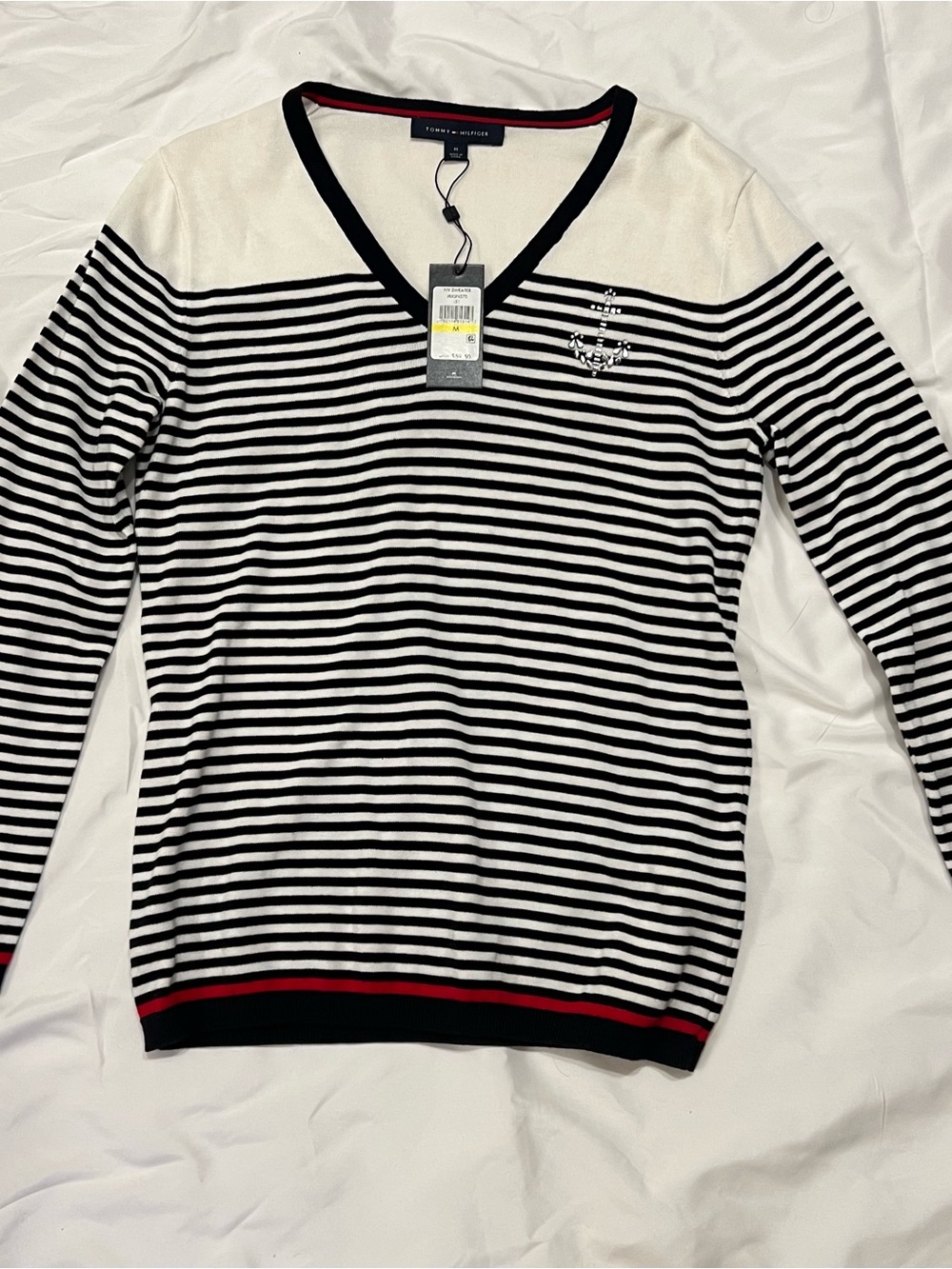 Tommy Hilfiger Navy, White & Red Trim Striped V-Neck Sweater with Crest